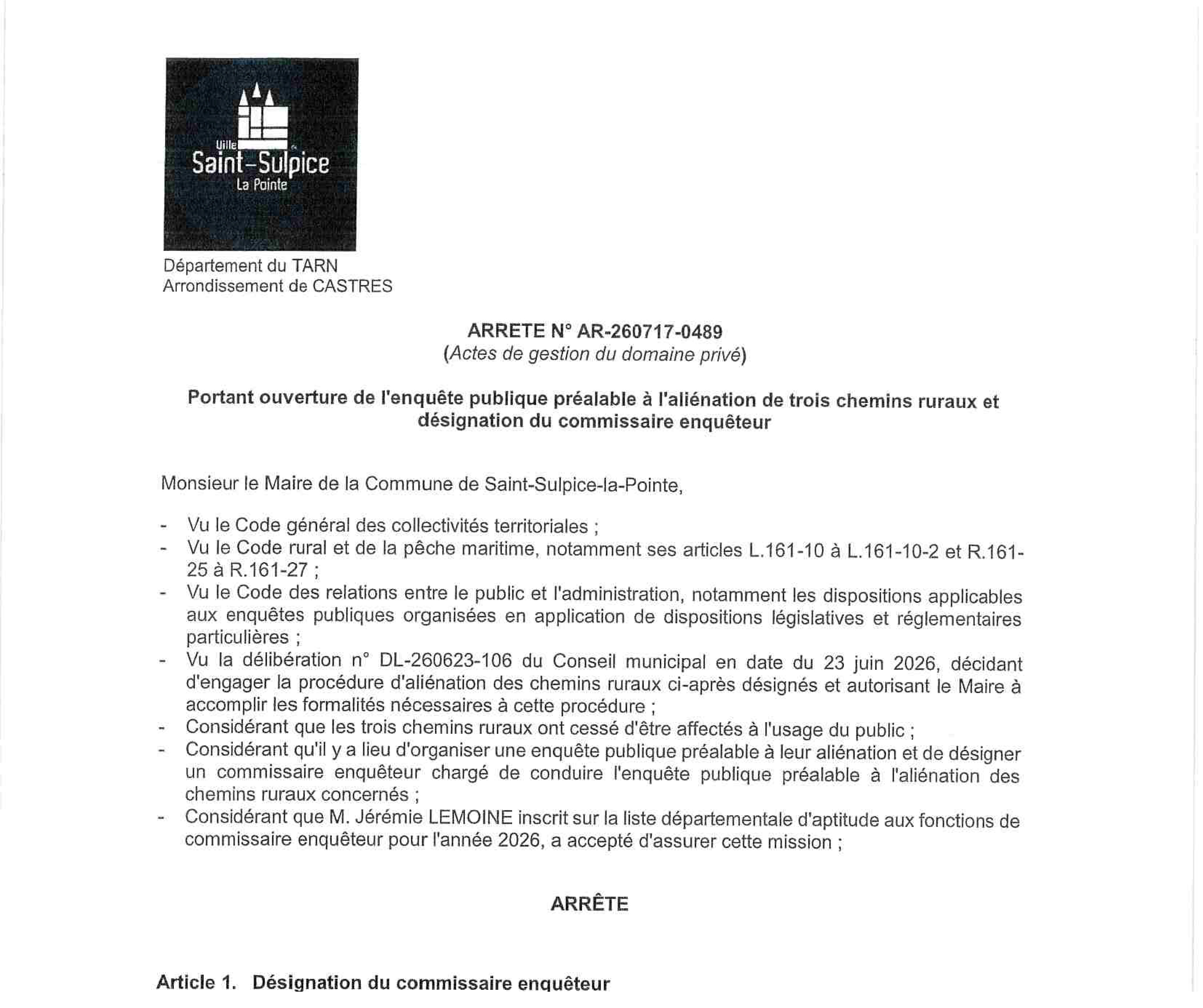 arrêté enquete chemins ruraux